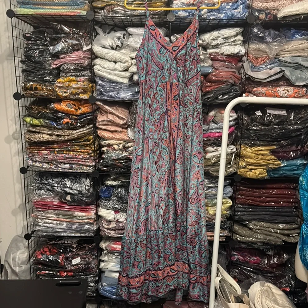 Teal multi colored Spaghetti Strap Resort Sundress Maxi - Picture 1 of 7